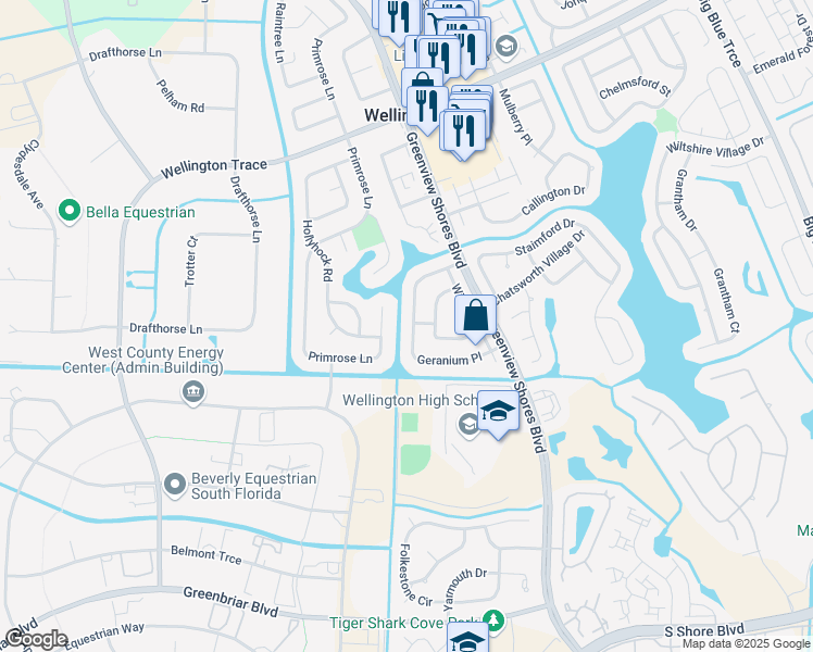 map of restaurants, bars, coffee shops, grocery stores, and more near 13907 Geranium Place in Wellington