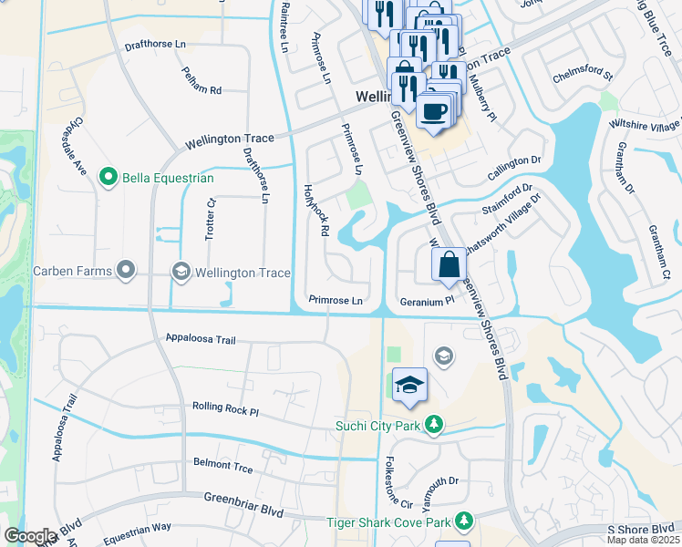 map of restaurants, bars, coffee shops, grocery stores, and more near 1866 Hollyhock Road in Wellington