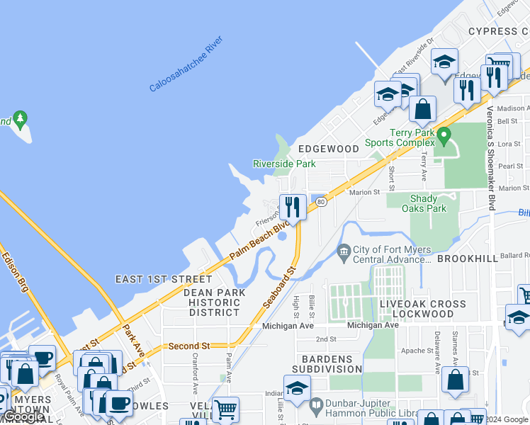 map of restaurants, bars, coffee shops, grocery stores, and more near 3027 East Riverside Drive in Fort Myers