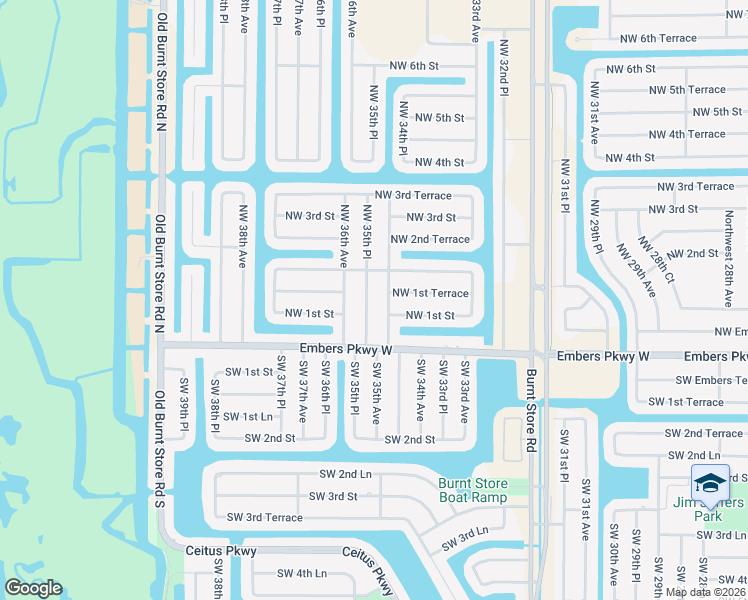 map of restaurants, bars, coffee shops, grocery stores, and more near 121 Northwest 35th Place in Cape Coral