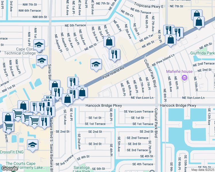 map of restaurants, bars, coffee shops, grocery stores, and more near 418 Northeast Pine Island Road in Cape Coral