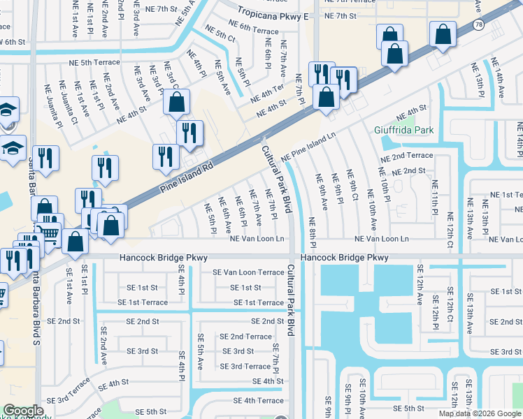 map of restaurants, bars, coffee shops, grocery stores, and more near 125 Northeast 7th Avenue in Cape Coral