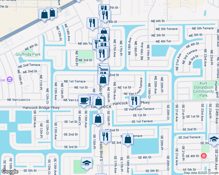 map of restaurants, bars, coffee shops, grocery stores, and more near 37 Northeast 16th Place in Cape Coral