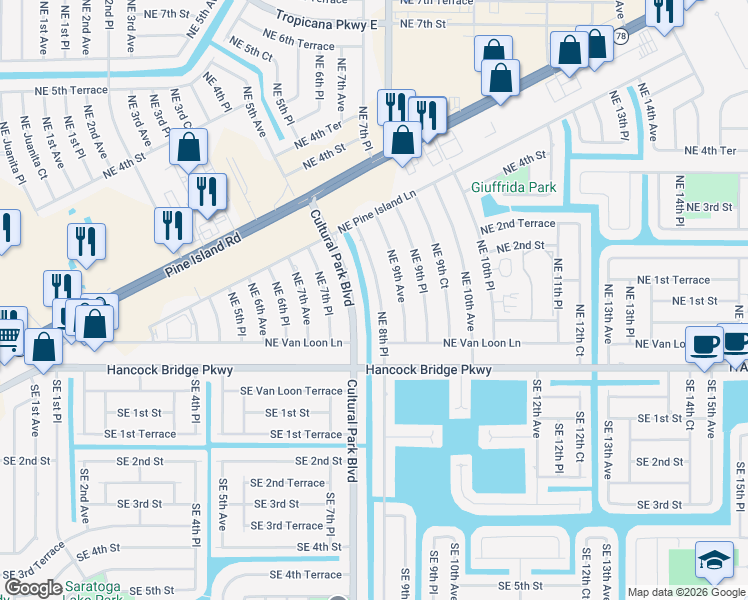 map of restaurants, bars, coffee shops, grocery stores, and more near 203 Cultural Park Boulevard in Cape Coral
