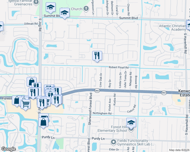 map of restaurants, bars, coffee shops, grocery stores, and more near 5983 Forest Hill Boulevard in West Palm Beach