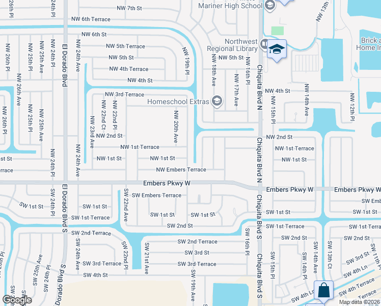 map of restaurants, bars, coffee shops, grocery stores, and more near 107 Northwest 19th Place in Cape Coral