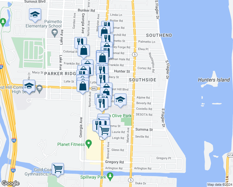 map of restaurants, bars, coffee shops, grocery stores, and more near 359 Winters Street in West Palm Beach