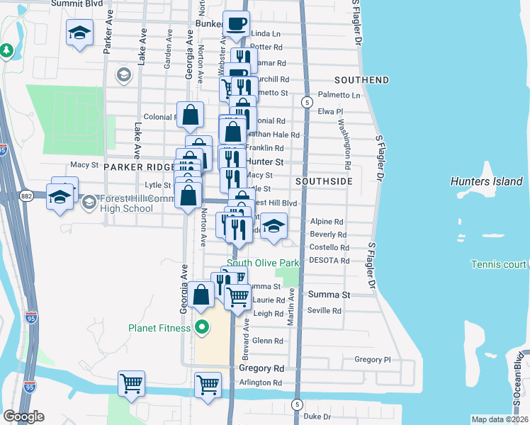 map of restaurants, bars, coffee shops, grocery stores, and more near 359 Winters Street in West Palm Beach