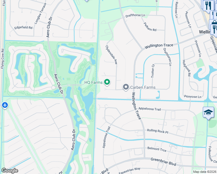 map of restaurants, bars, coffee shops, grocery stores, and more near 14322 Drafthorse Lane in Wellington