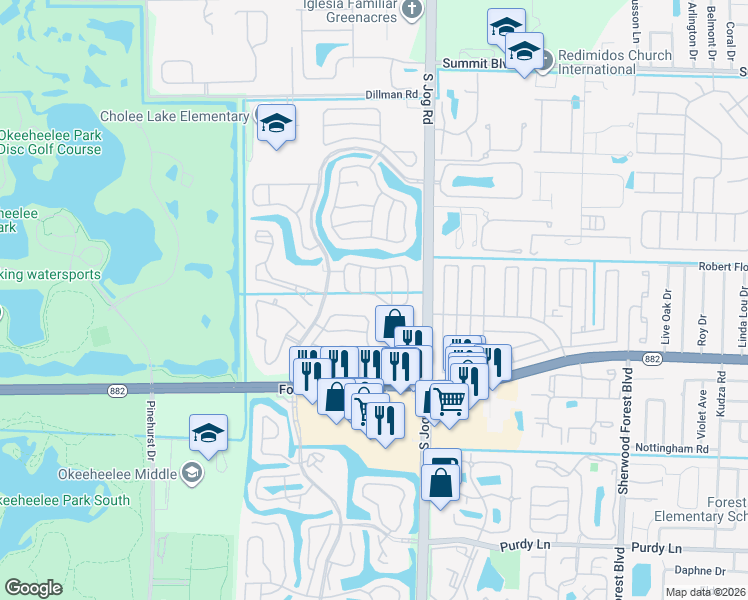 map of restaurants, bars, coffee shops, grocery stores, and more near 1606 Doral Drive in Greenacres