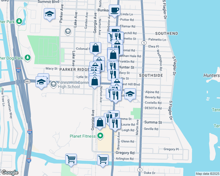 map of restaurants, bars, coffee shops, grocery stores, and more near in West Palm Beach