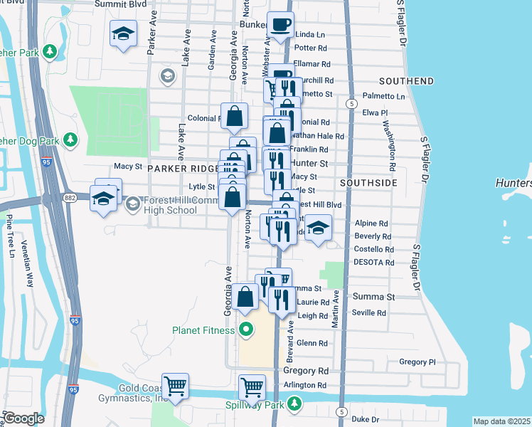 map of restaurants, bars, coffee shops, grocery stores, and more near in West Palm Beach