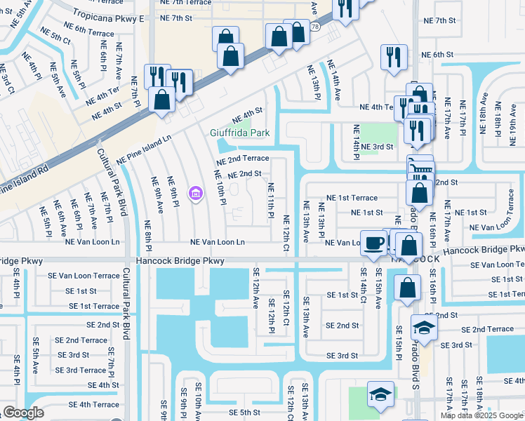 map of restaurants, bars, coffee shops, grocery stores, and more near 1109 Van Loon Commons Circle in Cape Coral