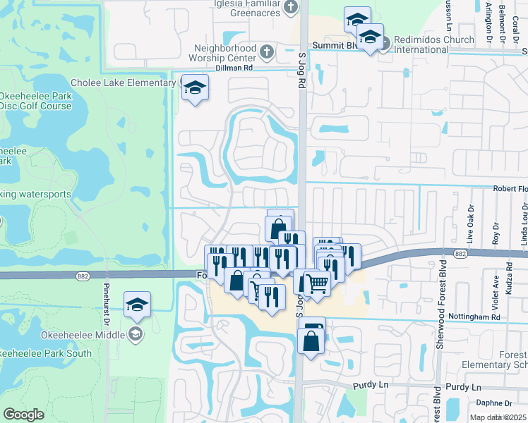 map of restaurants, bars, coffee shops, grocery stores, and more near 1606 Doral Drive in Greenacres