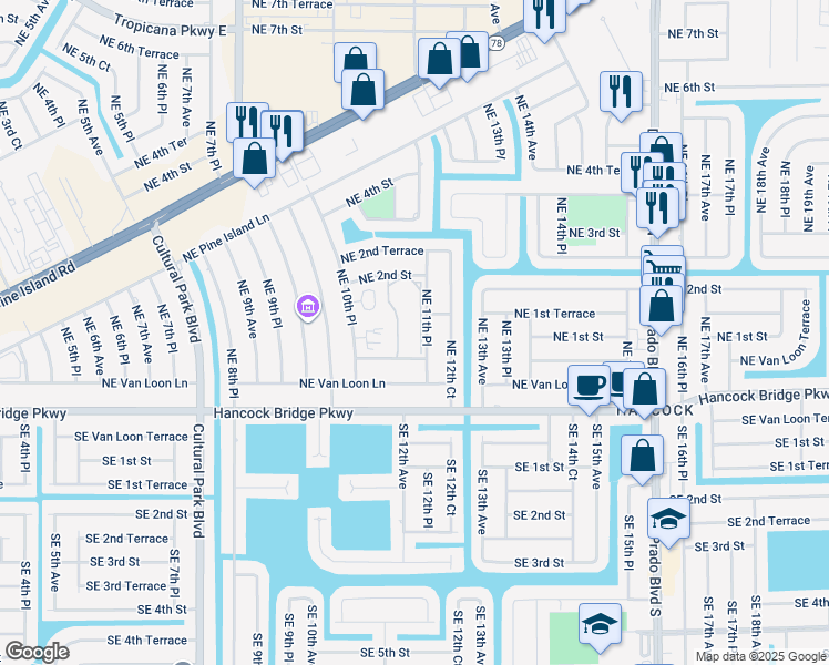map of restaurants, bars, coffee shops, grocery stores, and more near 1109 Van Loon Commons Circle in Cape Coral