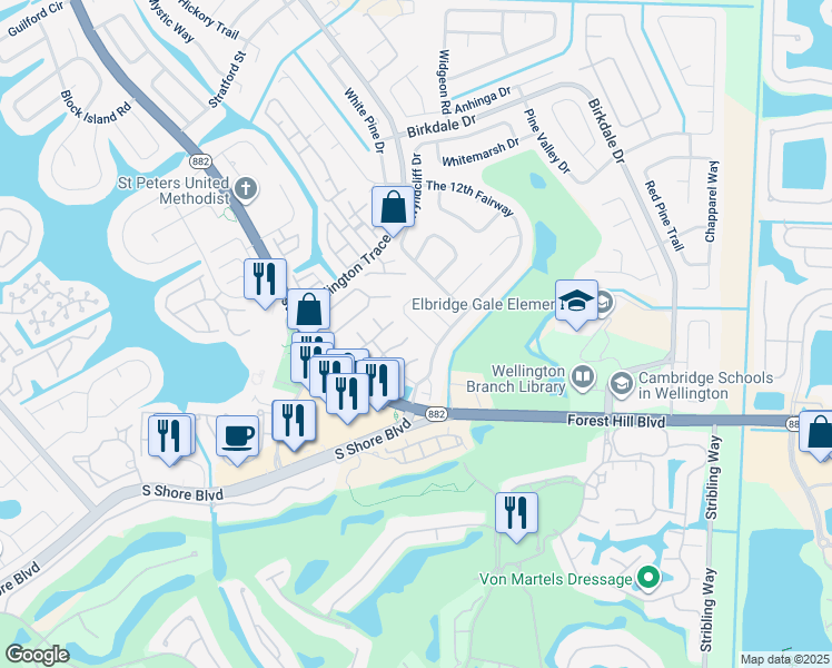 map of restaurants, bars, coffee shops, grocery stores, and more near 11834 Greenbriar Circle in Wellington