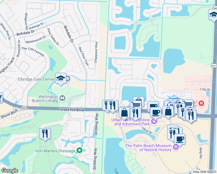 map of restaurants, bars, coffee shops, grocery stores, and more near 1870 Oak Berry Circle in Wellington