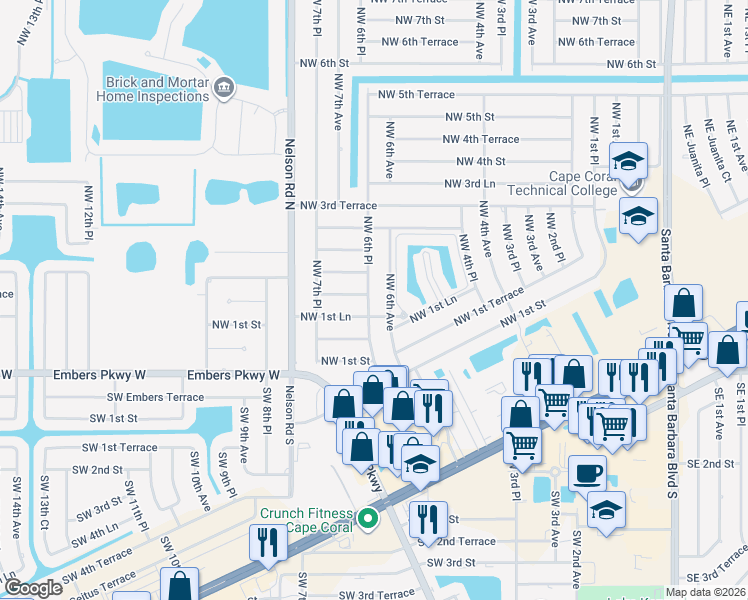 map of restaurants, bars, coffee shops, grocery stores, and more near 203 Northwest 6th Place in Cape Coral