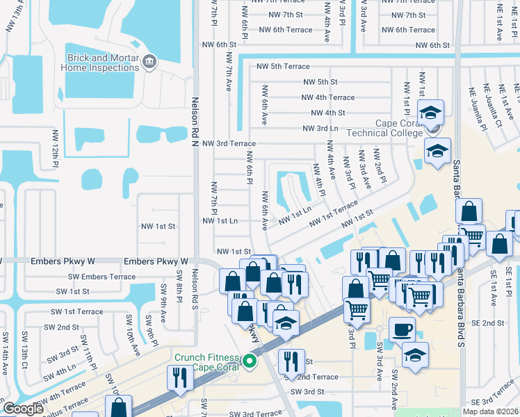 map of restaurants, bars, coffee shops, grocery stores, and more near 203 Northwest 6th Place in Cape Coral