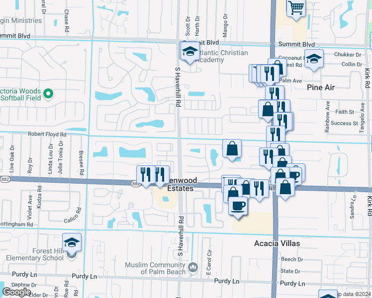 map of restaurants, bars, coffee shops, grocery stores, and more near 4943 Luqui Court in West Palm Beach
