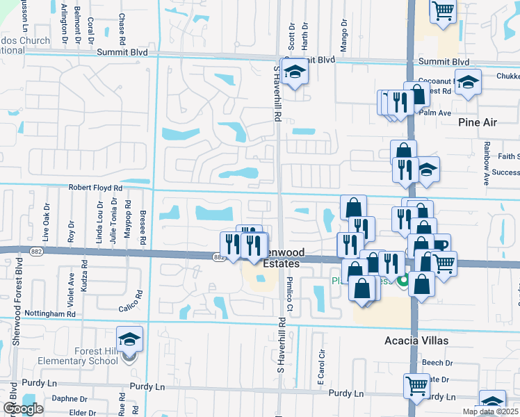 map of restaurants, bars, coffee shops, grocery stores, and more near 5075 Palm Hill Drive in West Palm Beach