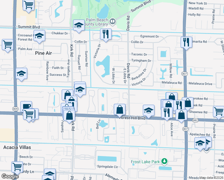 map of restaurants, bars, coffee shops, grocery stores, and more near 3626 Victoria Drive in West Palm Beach