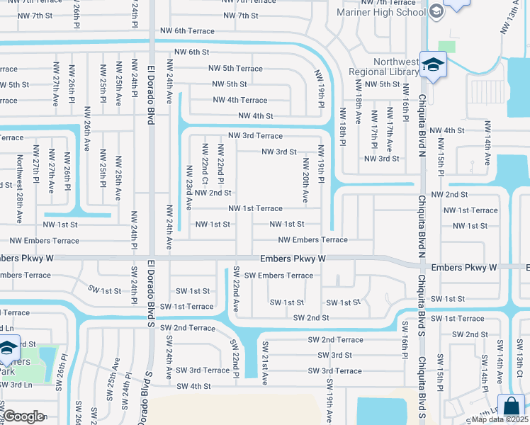 map of restaurants, bars, coffee shops, grocery stores, and more near 2036 Northwest 1st Terrace in Cape Coral