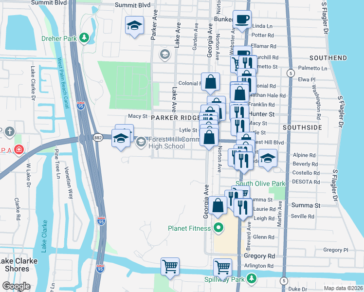 map of restaurants, bars, coffee shops, grocery stores, and more near 714 Florida 882 in West Palm Beach