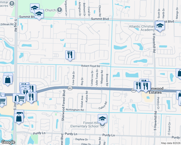 map of restaurants, bars, coffee shops, grocery stores, and more near 1560 Linda Lou Drive in West Palm Beach