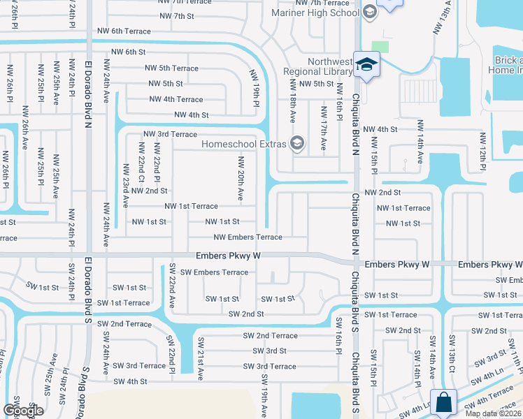 map of restaurants, bars, coffee shops, grocery stores, and more near 116 Northwest 18th Place in Cape Coral