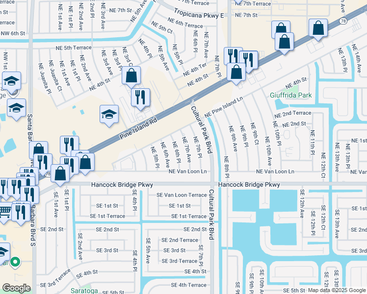 map of restaurants, bars, coffee shops, grocery stores, and more near 137 Northeast 6th Place in Cape Coral