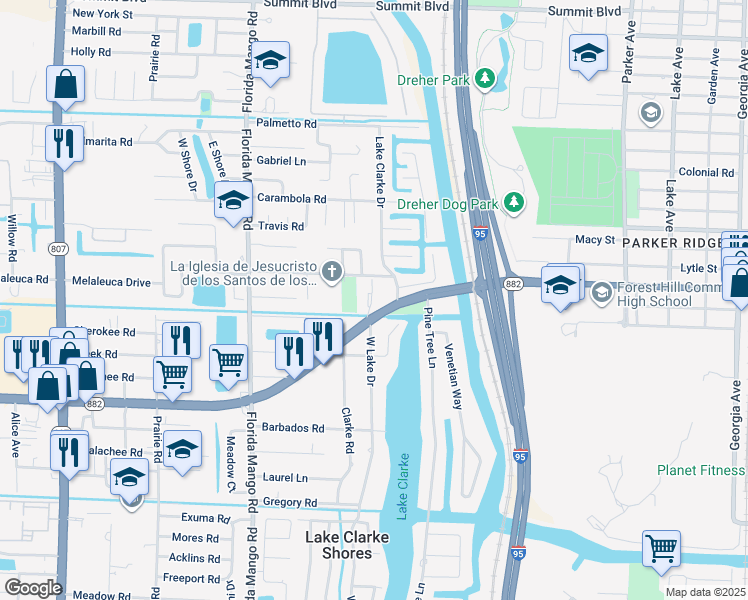 map of restaurants, bars, coffee shops, grocery stores, and more near 1495 Forest Hill Boulevard in West Palm Beach