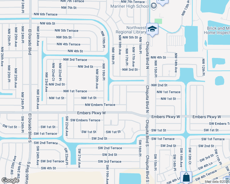 map of restaurants, bars, coffee shops, grocery stores, and more near 113 Northwest 18th Place in Cape Coral