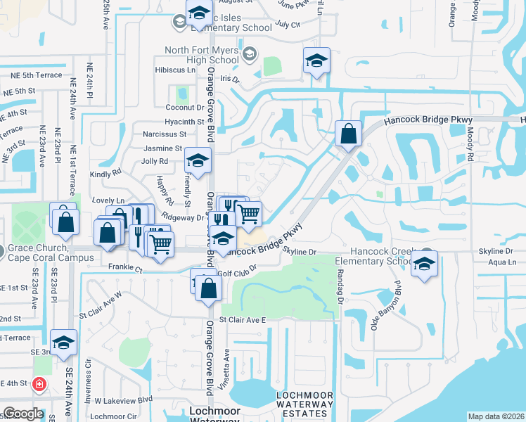map of restaurants, bars, coffee shops, grocery stores, and more near 1500 Tropic Terrace in North Fort Myers