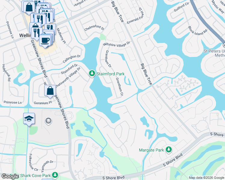 map of restaurants, bars, coffee shops, grocery stores, and more near 1815 Wiltshire Village Drive in Wellington