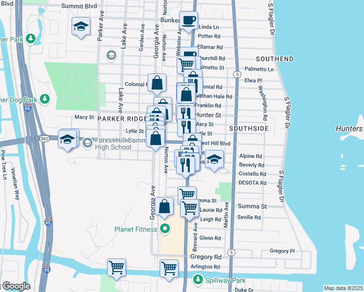 map of restaurants, bars, coffee shops, grocery stores, and more near in West Palm Beach