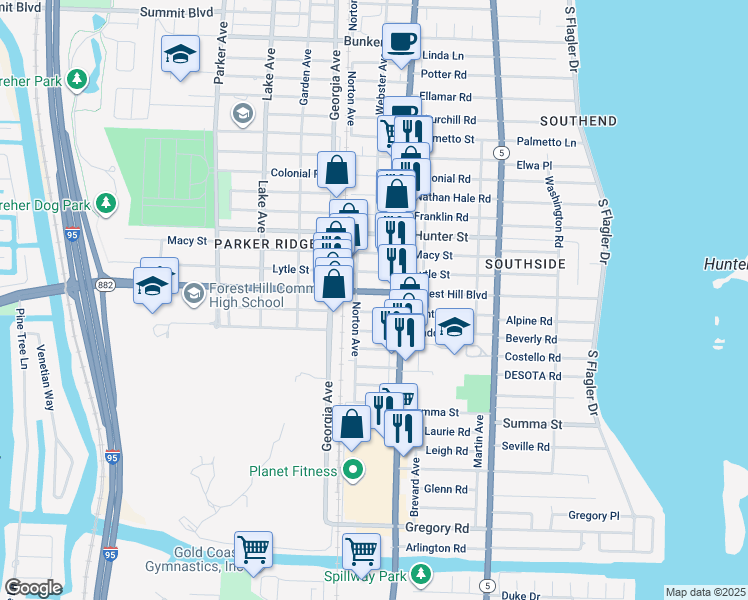 map of restaurants, bars, coffee shops, grocery stores, and more near in West Palm Beach