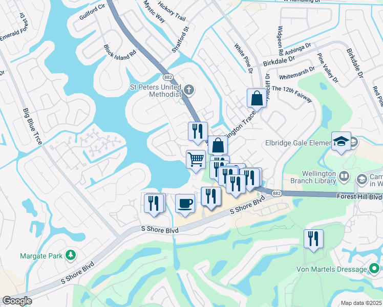 map of restaurants, bars, coffee shops, grocery stores, and more near 12300 Forest Hill Boulevard in Wellington