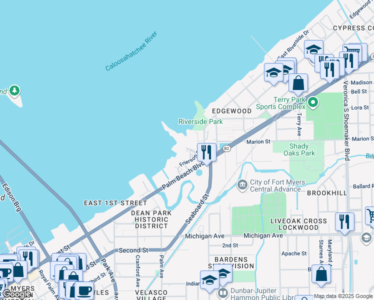 map of restaurants, bars, coffee shops, grocery stores, and more near 3027 East Riverside Drive in Fort Myers