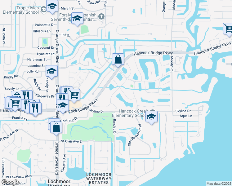 map of restaurants, bars, coffee shops, grocery stores, and more near 13000 Turtle Cove Trail in North Fort Myers