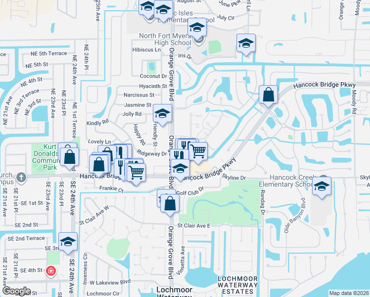 map of restaurants, bars, coffee shops, grocery stores, and more near 1113 Tropic Terrace in North Fort Myers