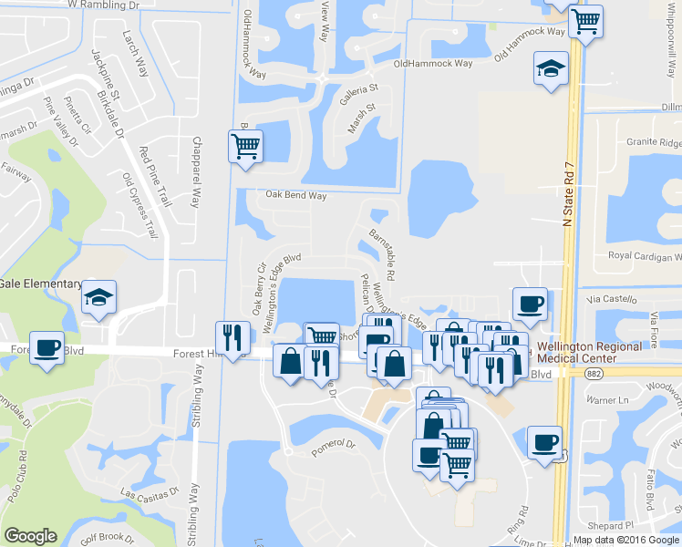 map of restaurants, bars, coffee shops, grocery stores, and more near 10690 Pelican Drive in Wellington