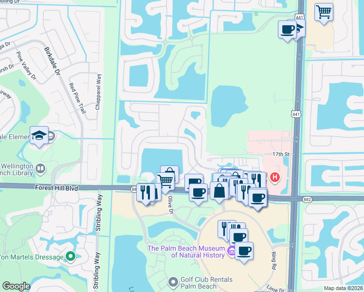 map of restaurants, bars, coffee shops, grocery stores, and more near 10690 Pelican Drive in Wellington