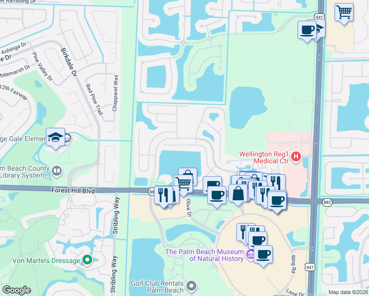 map of restaurants, bars, coffee shops, grocery stores, and more near 10690 Pelican Drive in Wellington