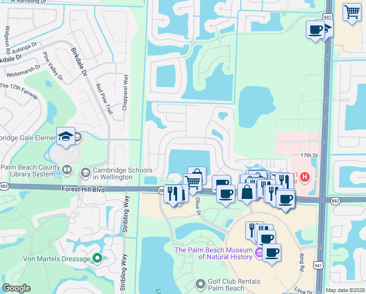 map of restaurants, bars, coffee shops, grocery stores, and more near 10754 Pelican Drive in Wellington