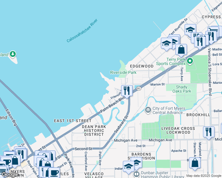 map of restaurants, bars, coffee shops, grocery stores, and more near 3000 Oasis Grand Boulevard in Fort Myers