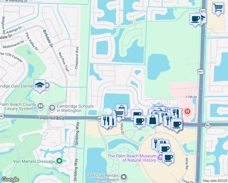 map of restaurants, bars, coffee shops, grocery stores, and more near 10754 Pelican Drive in Wellington