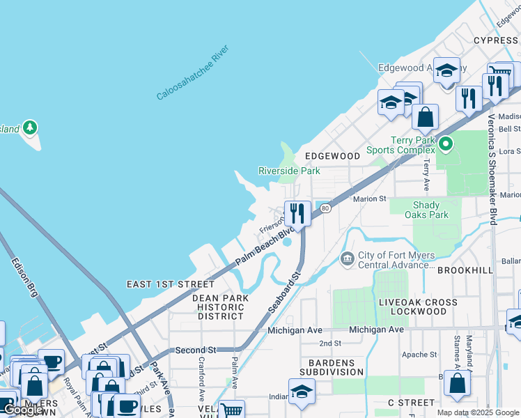 map of restaurants, bars, coffee shops, grocery stores, and more near 3000 Oasis Grand Boulevard in Fort Myers