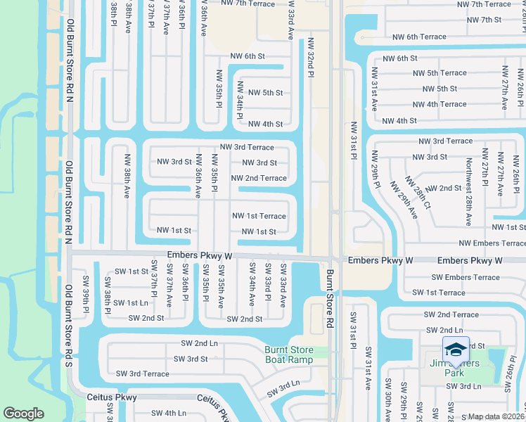 map of restaurants, bars, coffee shops, grocery stores, and more near 3323 Northwest 1st Terrace in Cape Coral