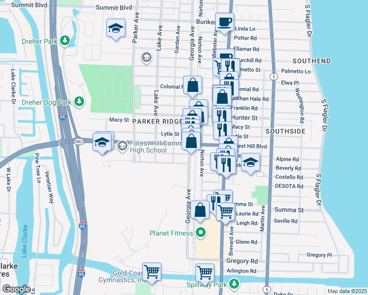 map of restaurants, bars, coffee shops, grocery stores, and more near 620 Forest Hill Boulevard in West Palm Beach